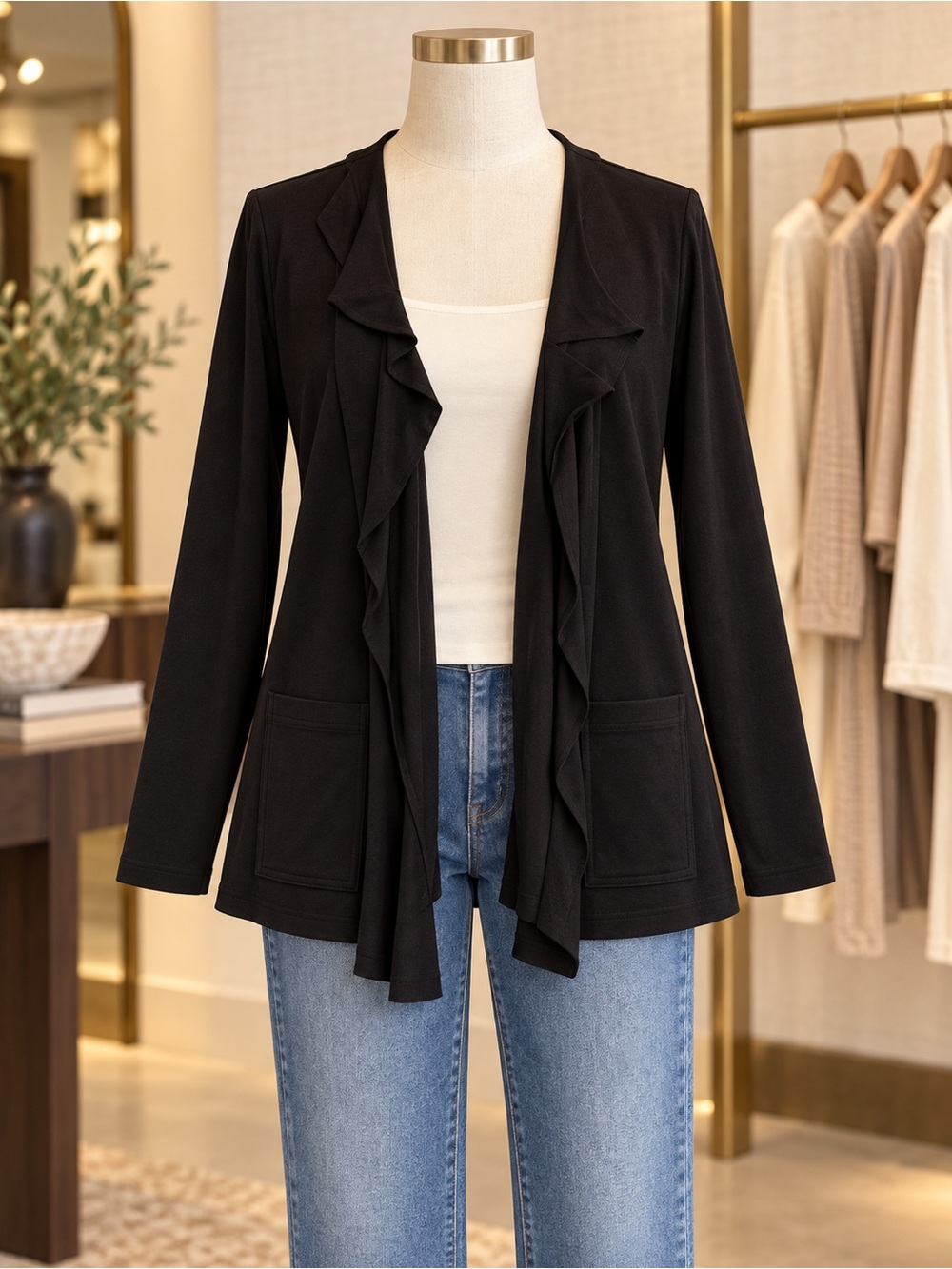 Franne Golde Black Ruffle Open-Front Jacket - Canada Women Sz XL
